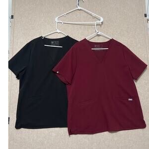 FIGS Casma 3 Pocket V Neck Scrub Top Bundle; Black and Burgundy Sz. XXL